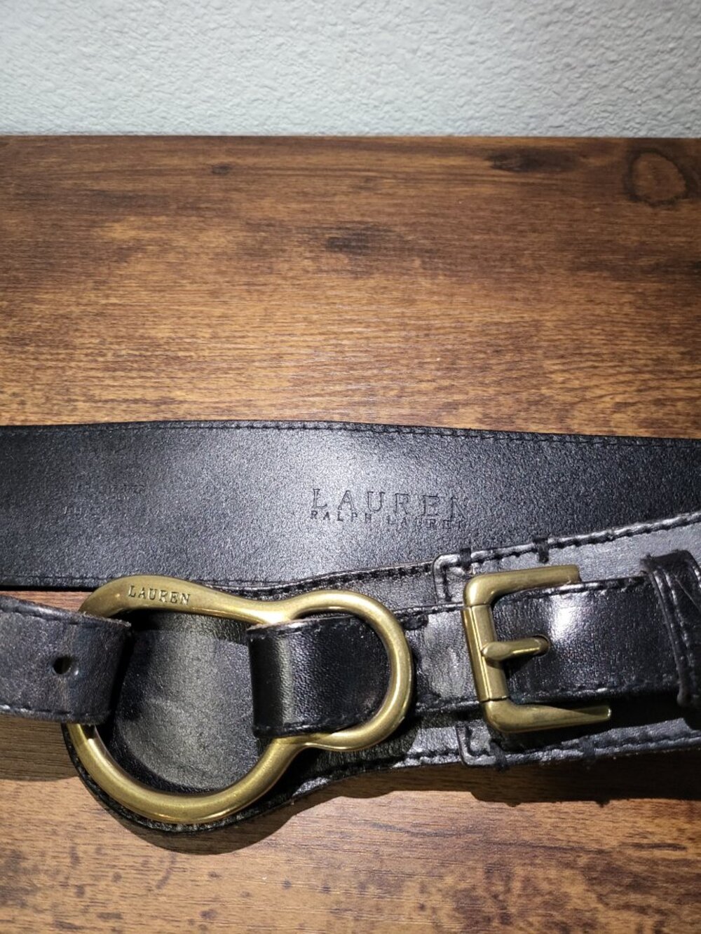Lauren Ralph Lauren Wide Black Leather Equestrian Belt Brass Ring Double Buckle